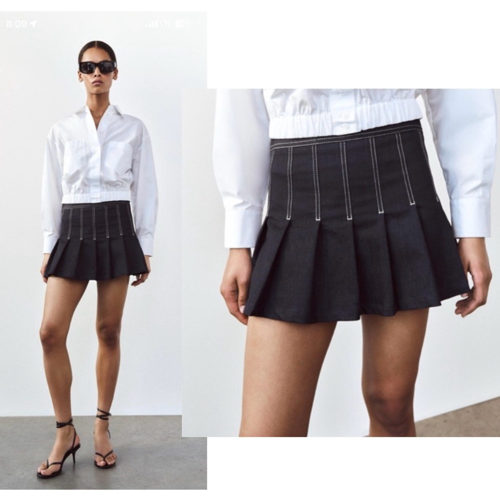 New - Zara navy pleated fit flare mini skirt skort white details preppy school